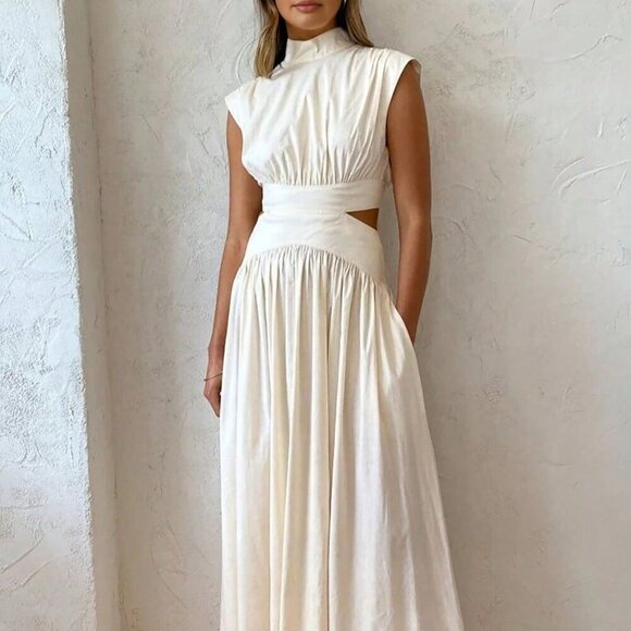 White Elegant Women's Hollow Pocket Cinched Waist Casual Midi Dress - Picture 3 of 7